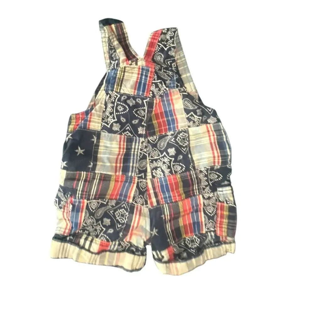 Y2K The Children's Place Patchwork Bandanna Plaid Shorts Overalls Baby 3-6 Month